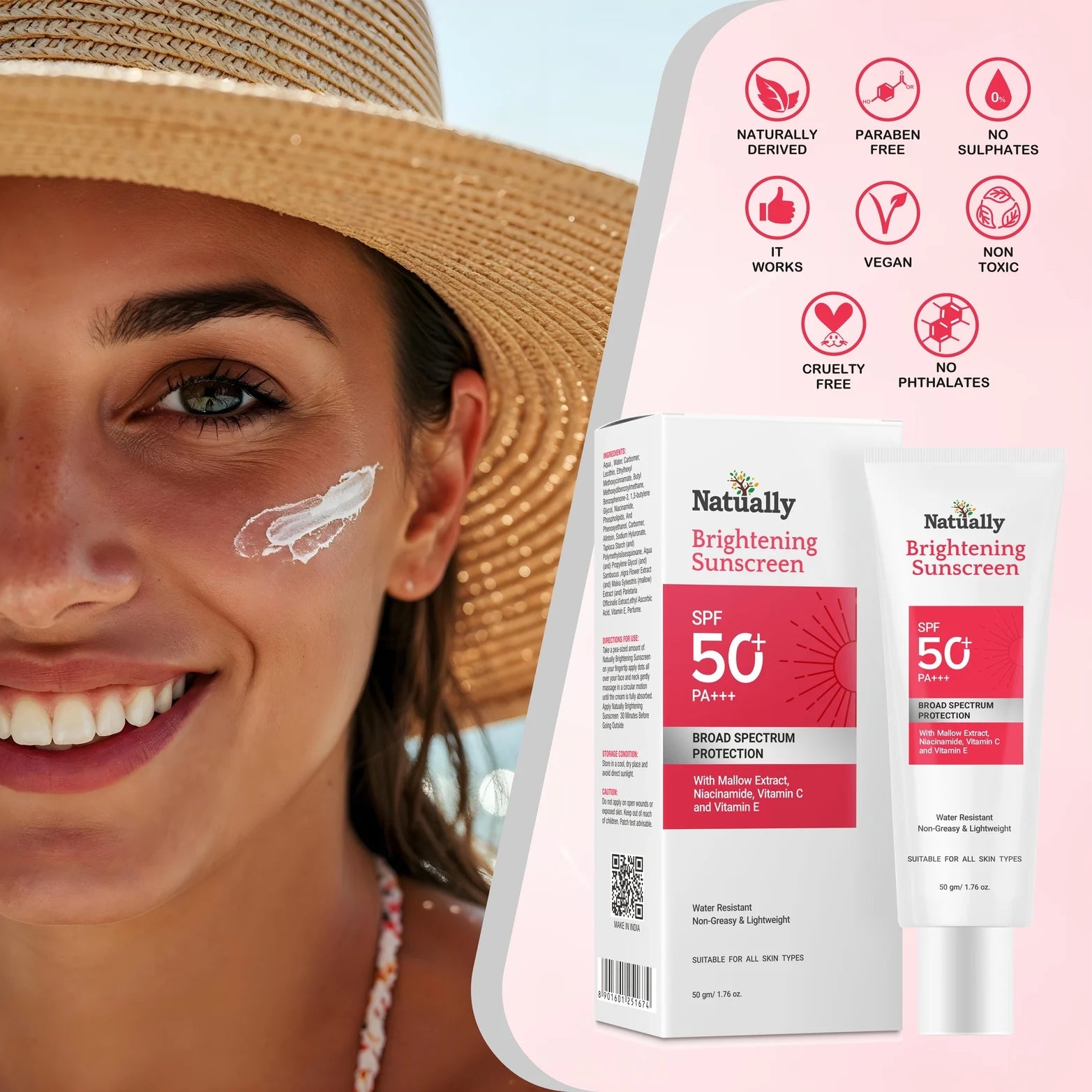 Natually Brightening Sunscreen SPF 50 PA+++ with Niacinamide, Vitamin C & Vitamin E - 50Gms