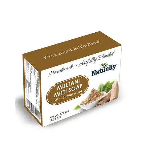 NATUALLY Multani Mitti Handmade Soap Enriched with Sandalwood - Brightening Skin and Face Cleansing Soap & Handcrafted and Artfully Blended for Girls - 125g